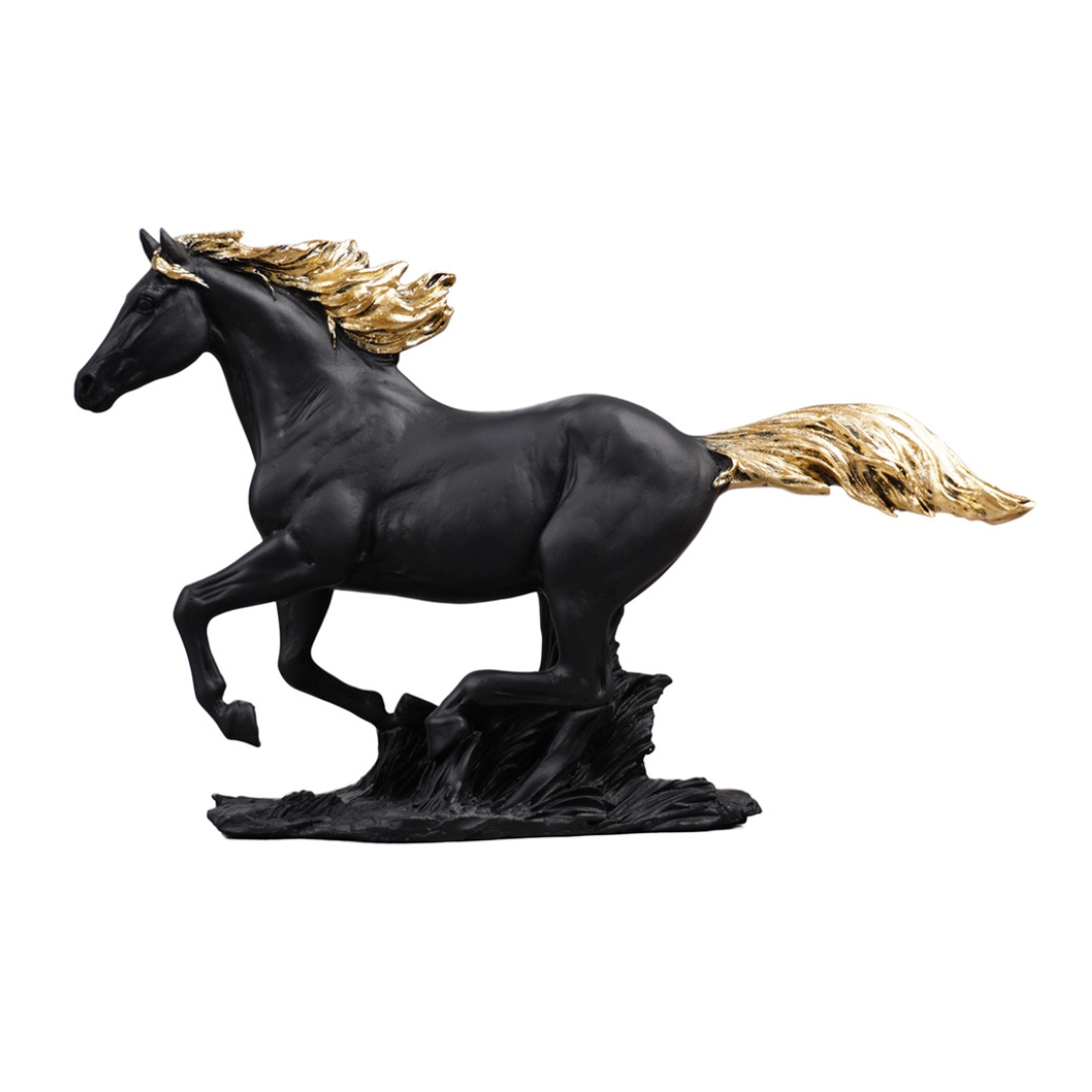 Black horse figurine with gold mane on a white background