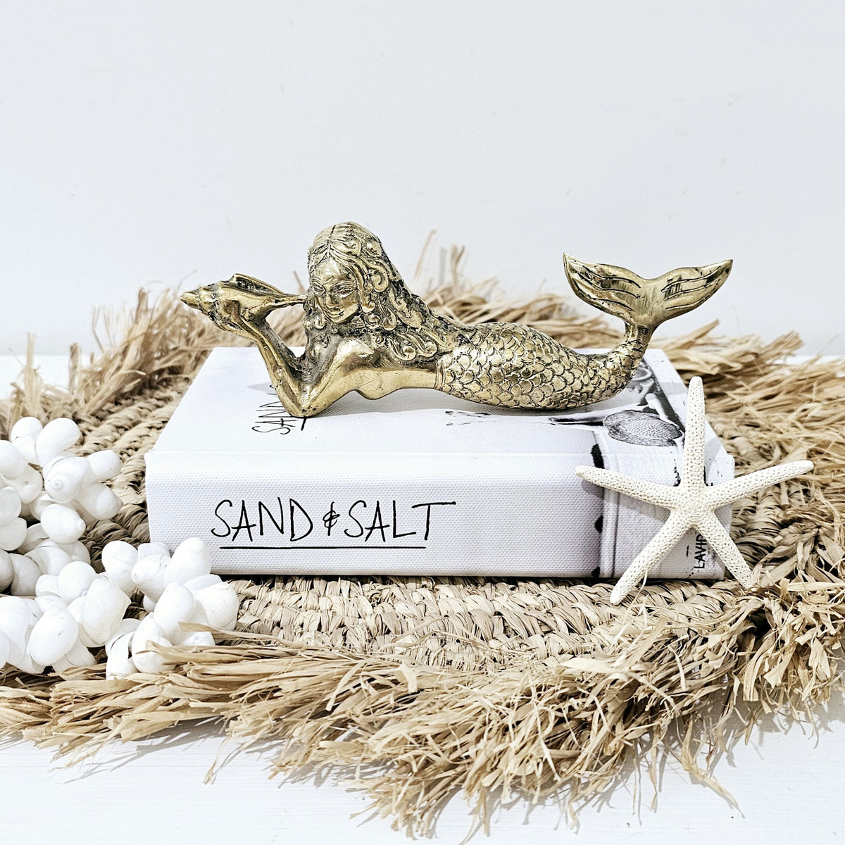 Mermaid Laying with Conch Shell | Brass