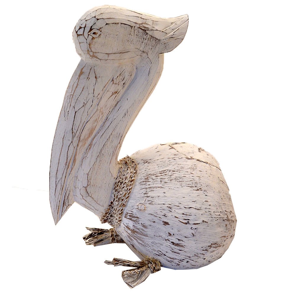 Coastal Rustic Sitting Wooden Pelican White. - Luxe Coastal Home