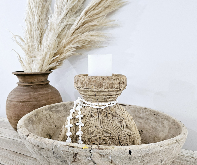 rustic vintage wooden concrete candle holders LED and hand poured shell candles