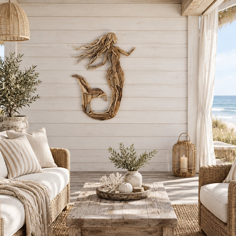 Create a stunning coastal statement with the Seraphina Driftwood Mermaid Wall Art. Handcrafted from natural driftwood, this 80cm wall décor adds timeless beach house charm and artisan style to any home.