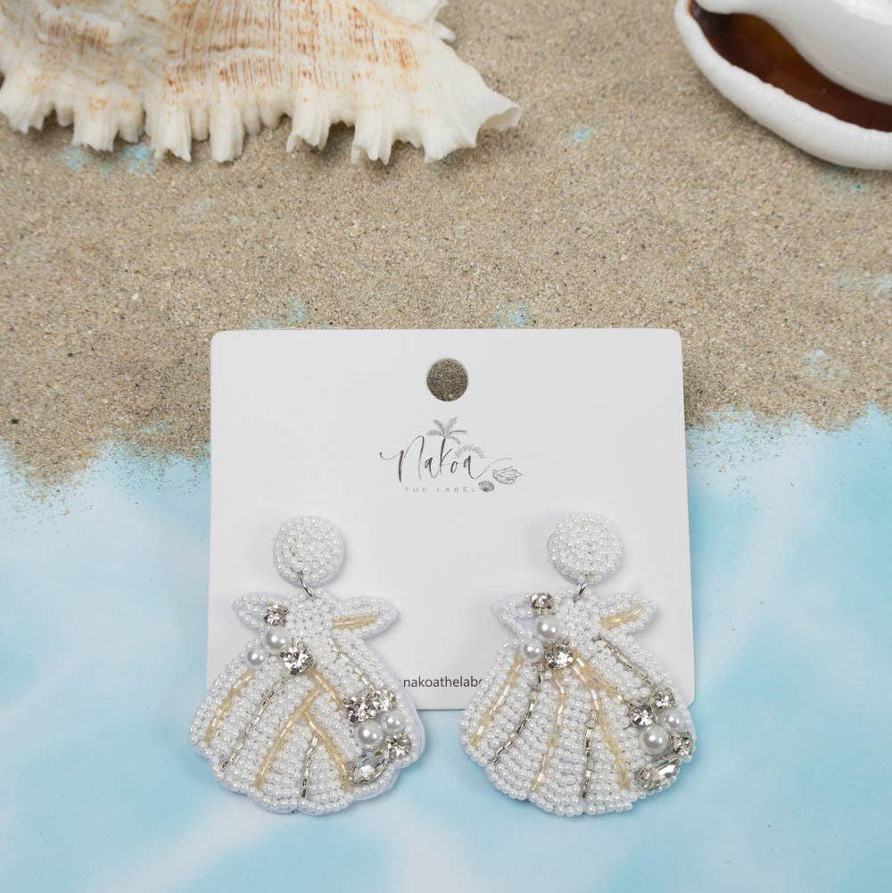 Sea Shell Beaded Earrings With Pearls - White
