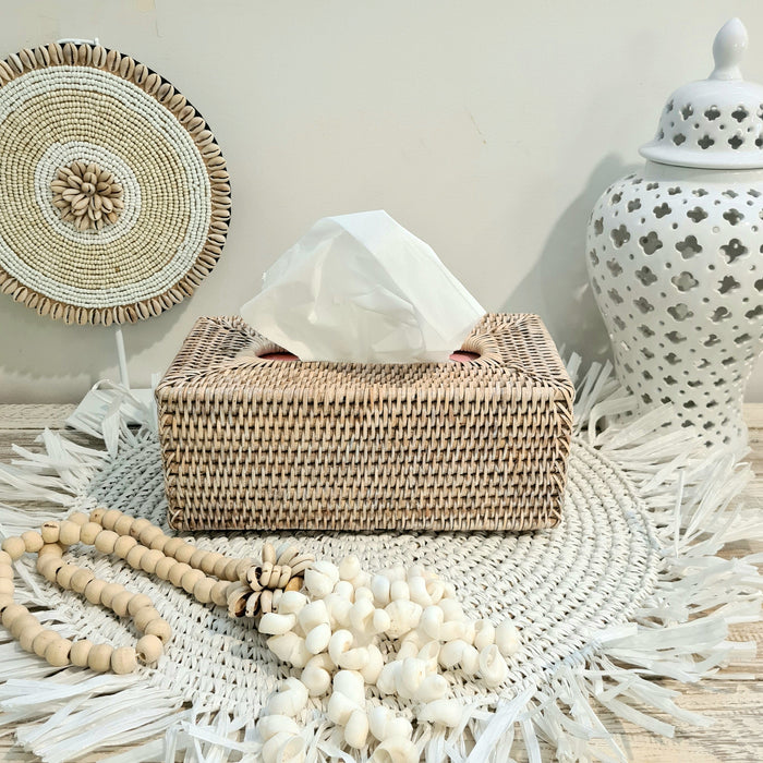 Rattan Whitewash Tissue Box Rectangle