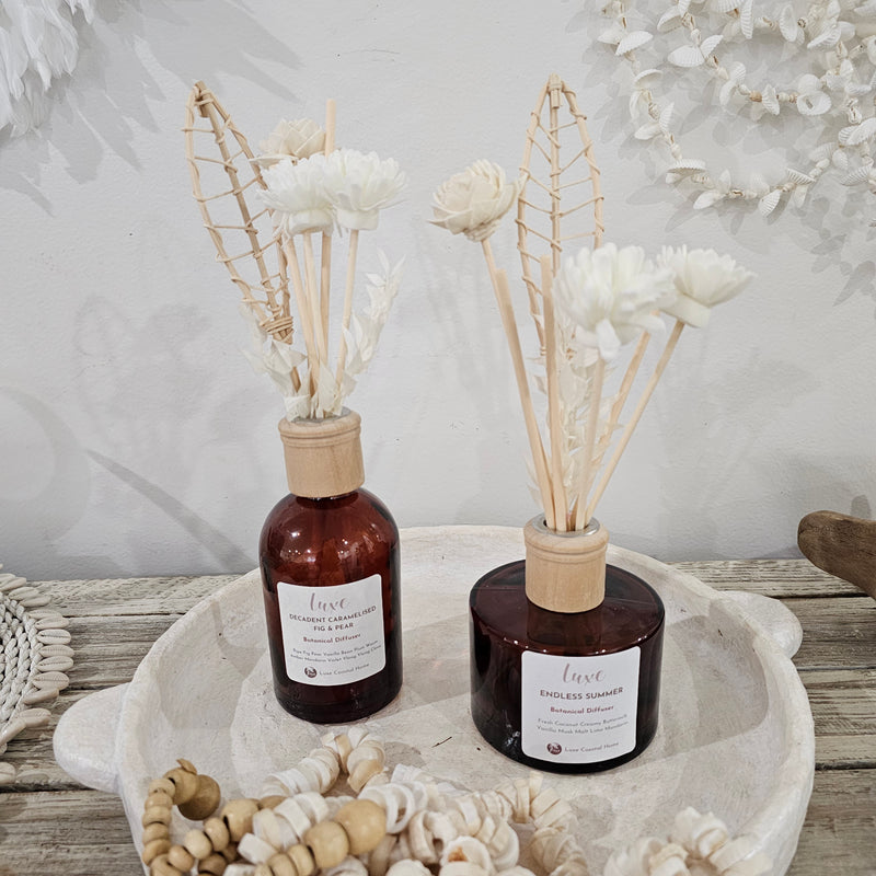 Luxe Round Diffuser | Amber Glass | Palm Leaf + Botanical Reeds