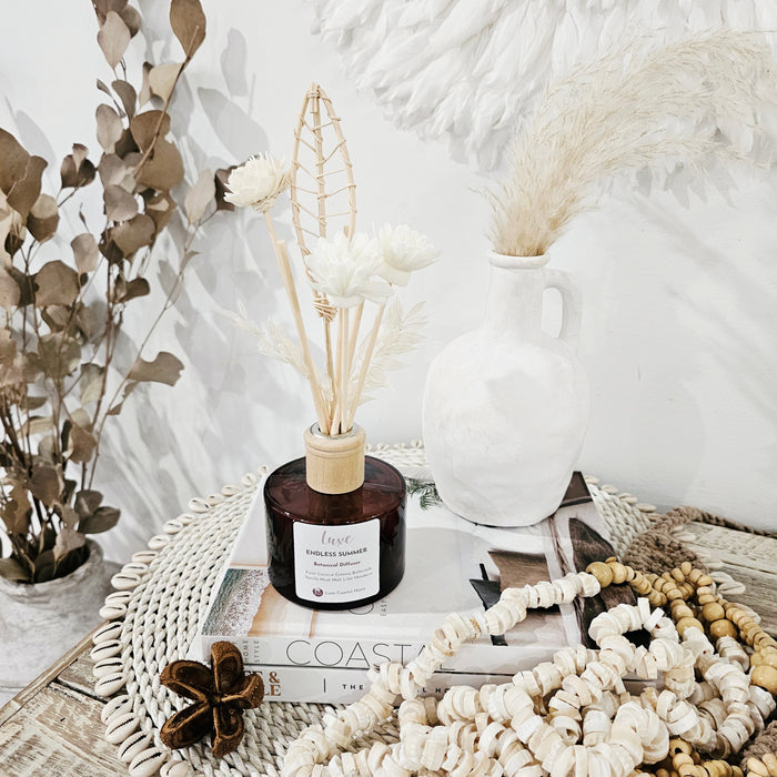 Luxe Round Diffuser | Amber Glass | Palm Leaf + Botanical Reeds