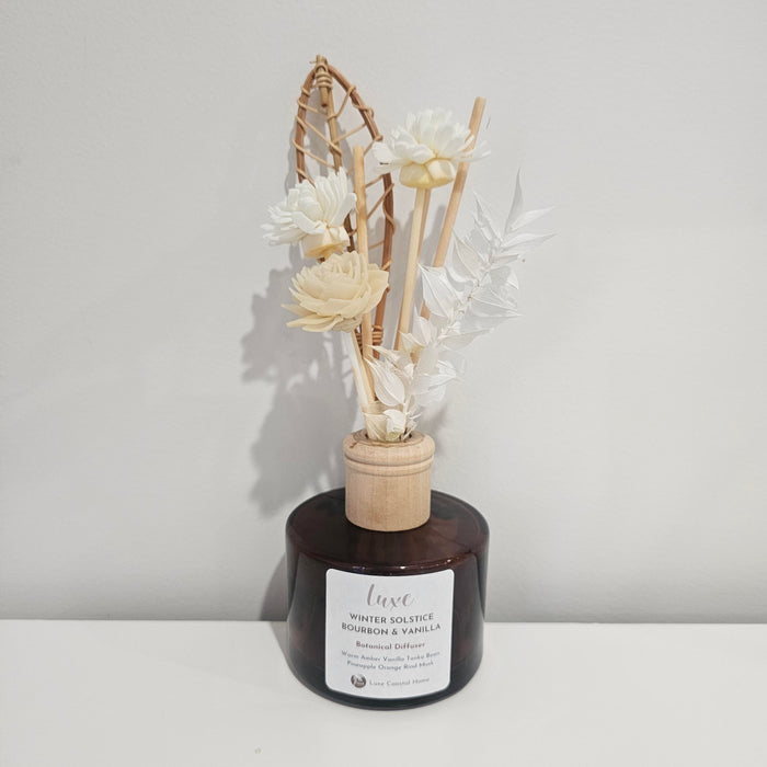 Luxe Round Diffuser | Amber Glass | Palm Leaf + Botanical Reeds