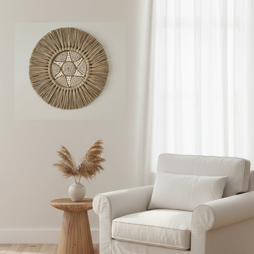 Balinese seagrass and shell round wall hanging