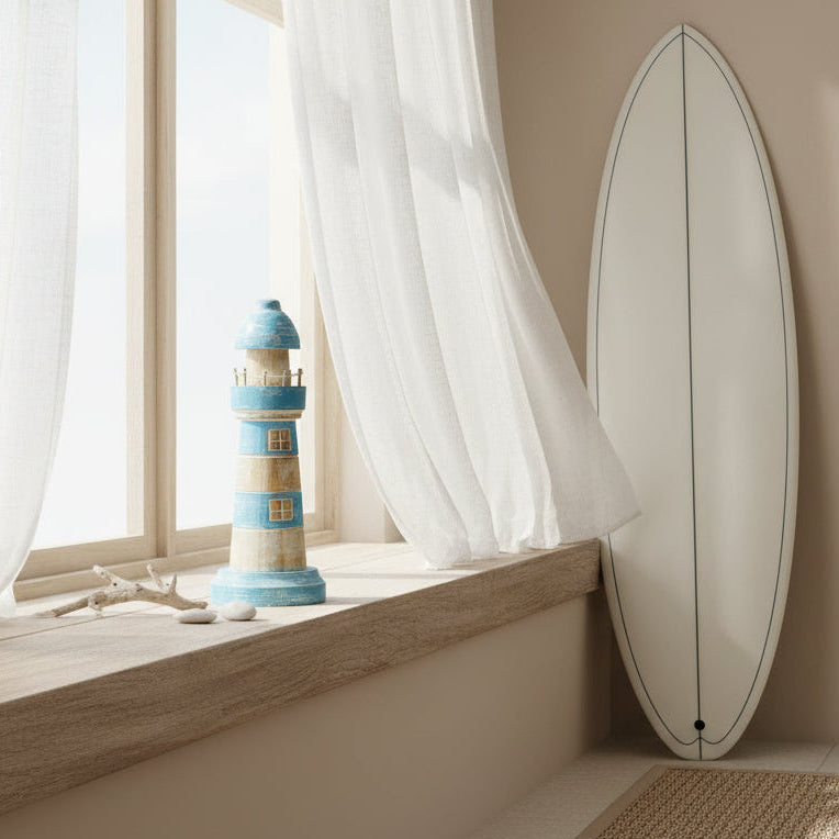 Wooden decorative lighthouse with turquoise accent suitable for coastal  beach house and hamptons interiors 