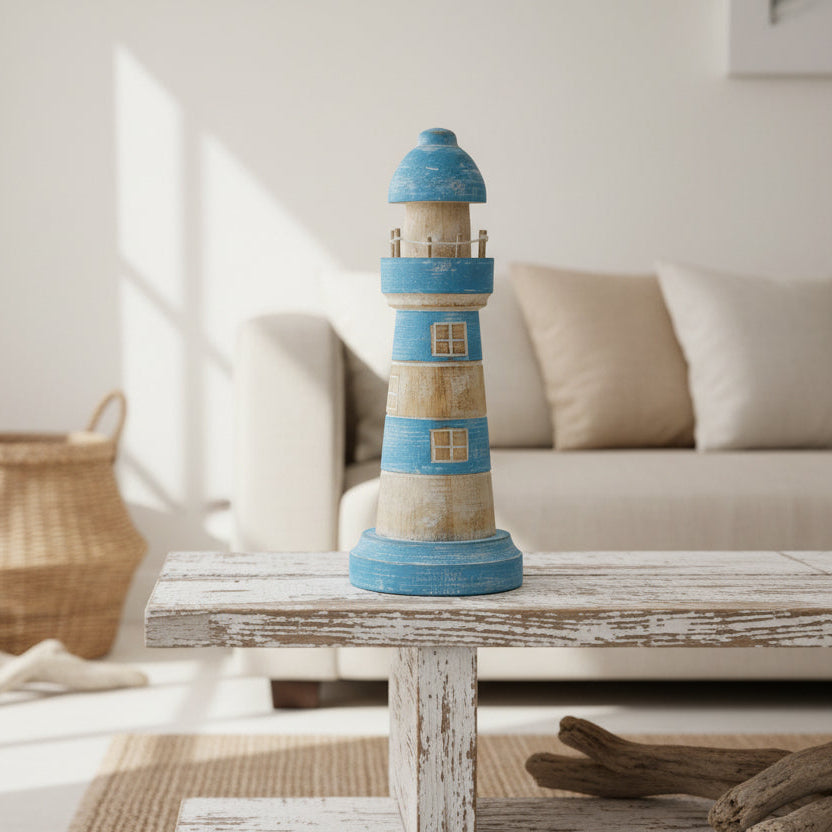 Decorative wooden lighthouse with turquoise accent for coastal home decor