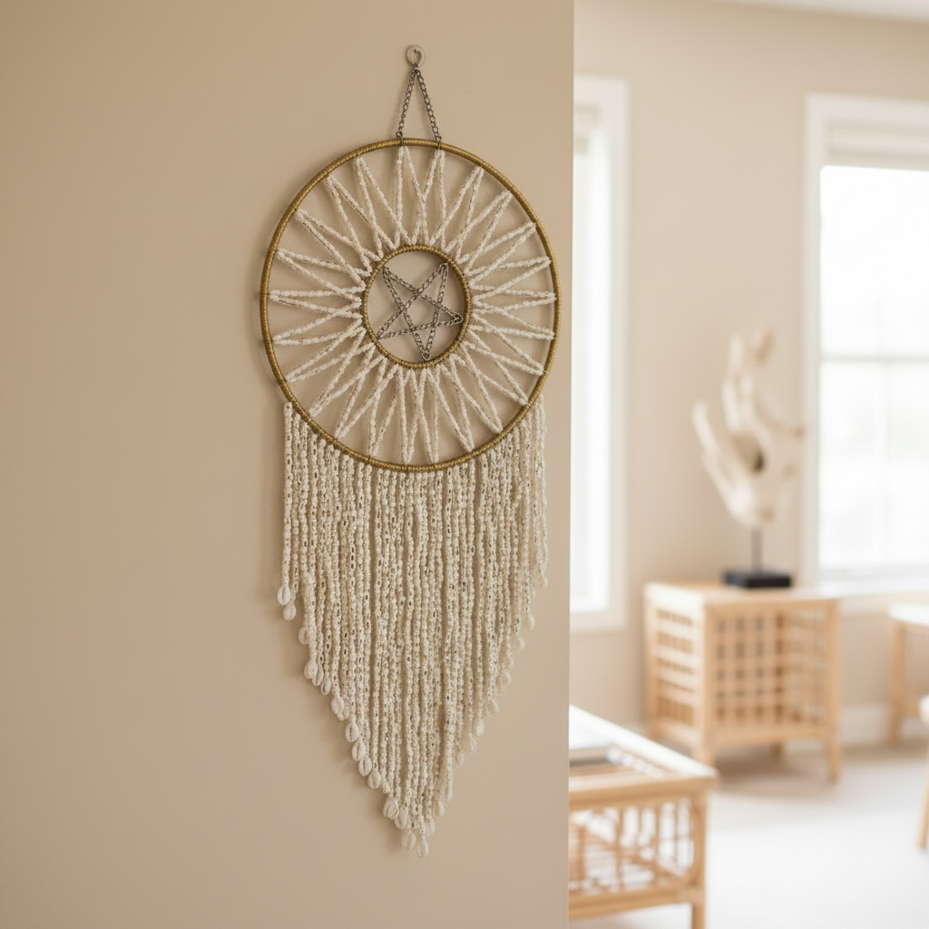 Handmade Balinese shell dream catcher wall hanging with pentacle centre. 33cm diameter, 80cm long. Perfect for coastal, boho, and beach home decor.