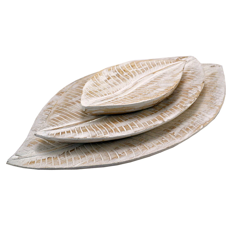 Carved Wooden Leaf Tray | Whitewash