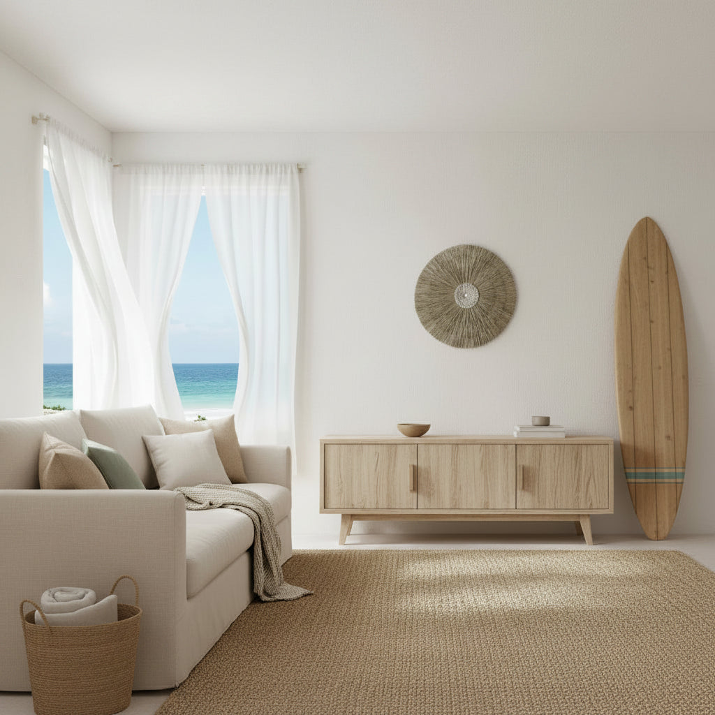 Balinese Sea  Grass Wall Hanging set in a neutral beach house with a decorative surfboard