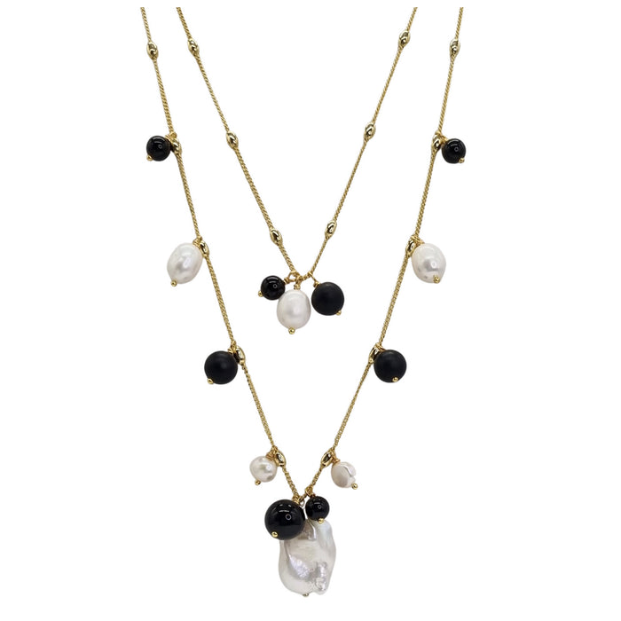 Freshwater Pearl Double Layered Onyx Necklace Gold