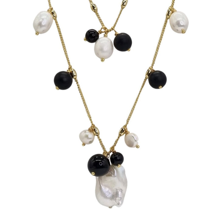 Freshwater Pearl Double Layered Onyx Necklace Gold