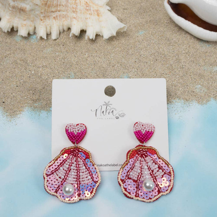 Hot Pink Sea Shell Beaded Earrings