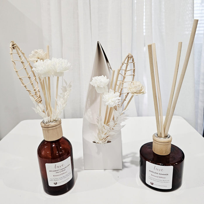 Luxe Round Diffuser | Amber Glass | Palm Leaf + Botanical Reeds