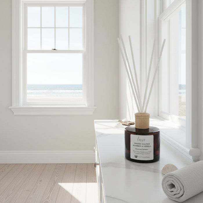 Coastal Home Fragrance Amber Round Jar Natural White Reeds for beach house or gifting