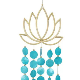 Decorative hanging with lotus flower design and turquoise beads capiz shell windchime