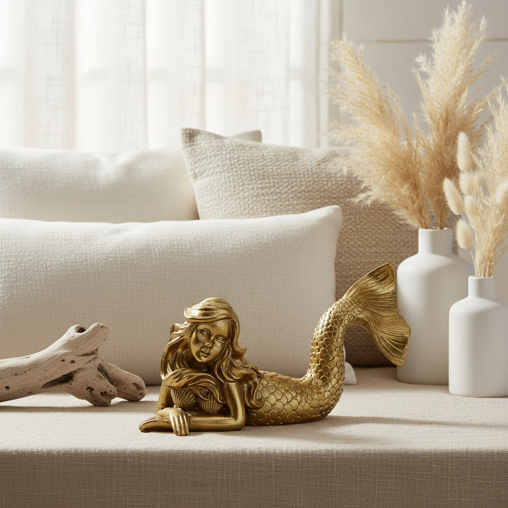 Add coastal elegance to your home with the Aurelia Gold Mermaid Sculpture. Crafted from intricately detailed resin, this 25cm mermaid ornament is perfect for styling shelves, consoles, and coffee tables.