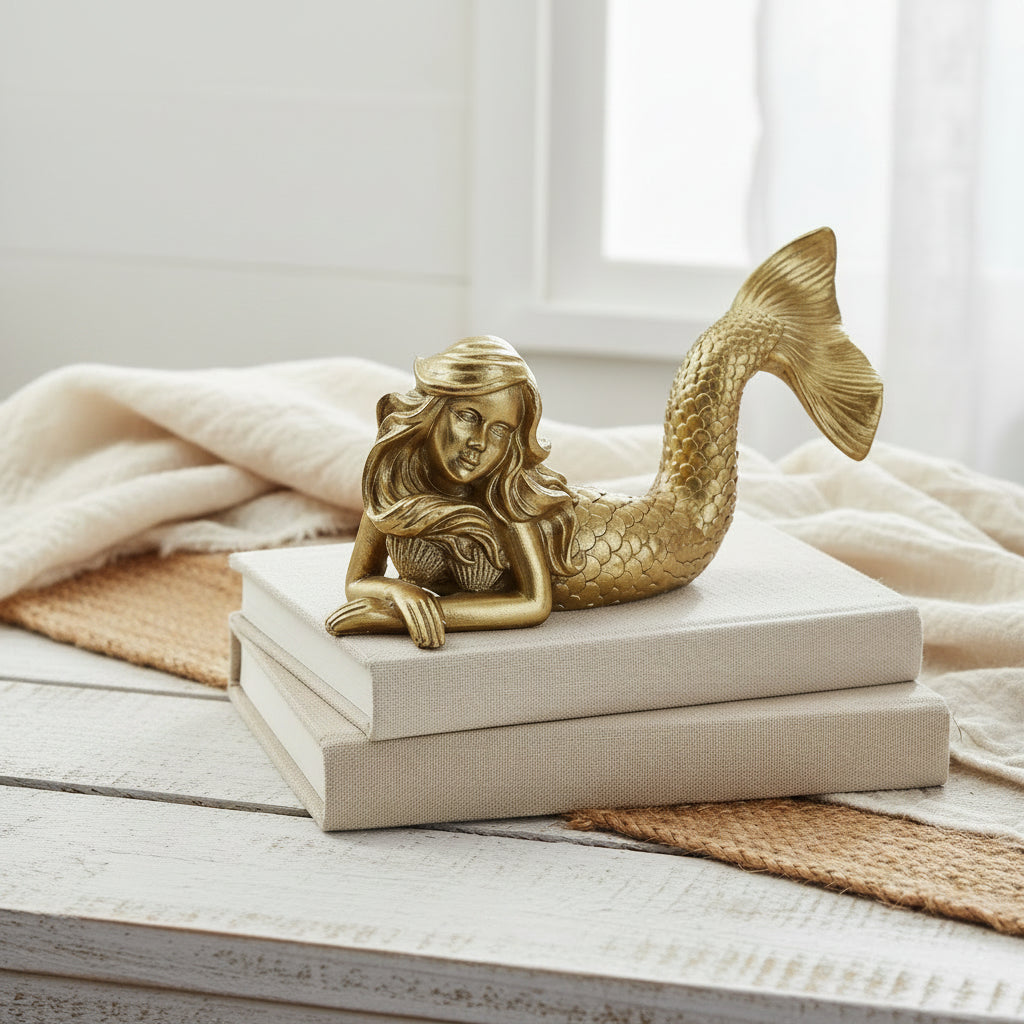 Add coastal elegance to your home with the Aurelia Gold Mermaid Sculpture. Crafted from intricately detailed resin, this 25cm mermaid ornament is perfect for styling shelves, consoles, and coffee tables.