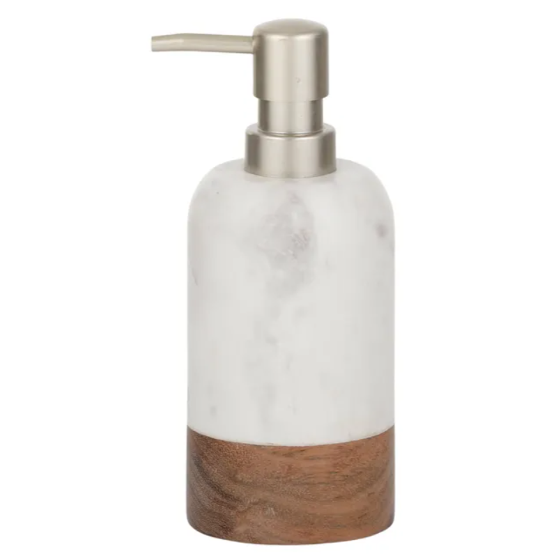 White marble and wood soap dispenser