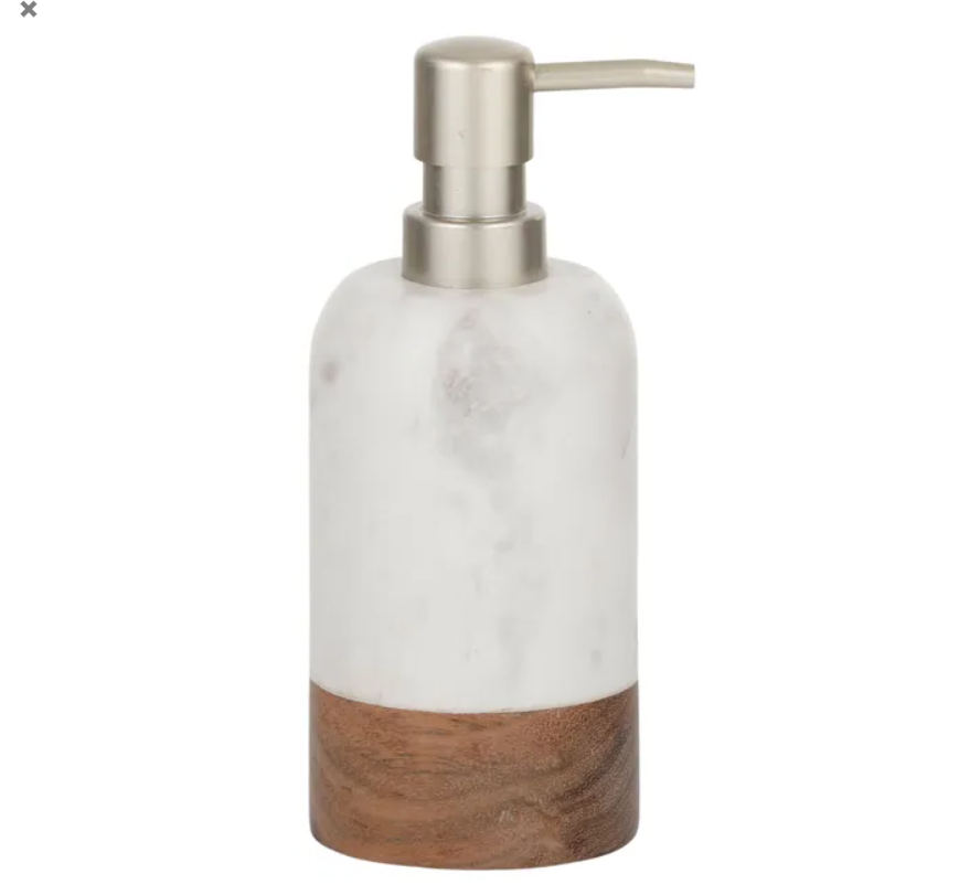 White marble and wood soap dispenser