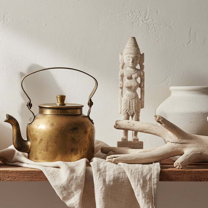Vintage brass tea pot used a decor statement piece in a coastal beach house home 