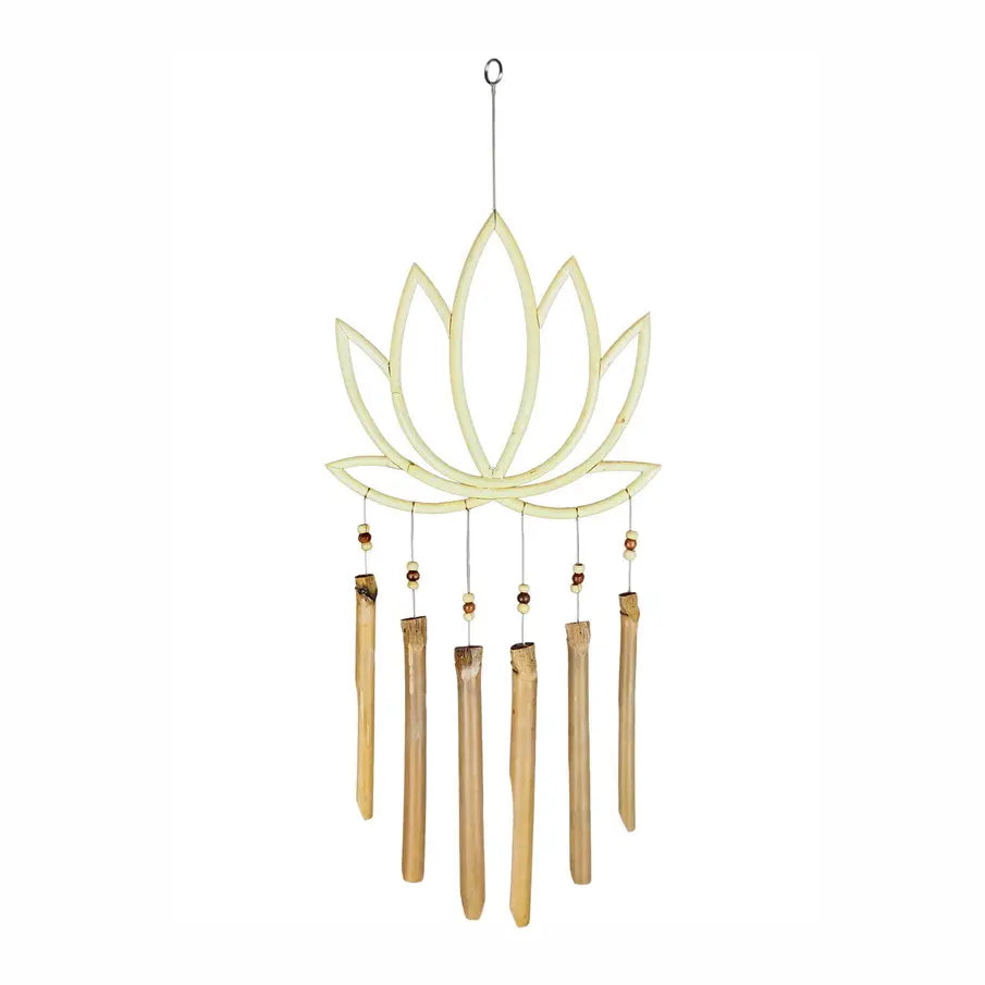 Decorative wind chime with lotus design and bamboo sticks on a white background
