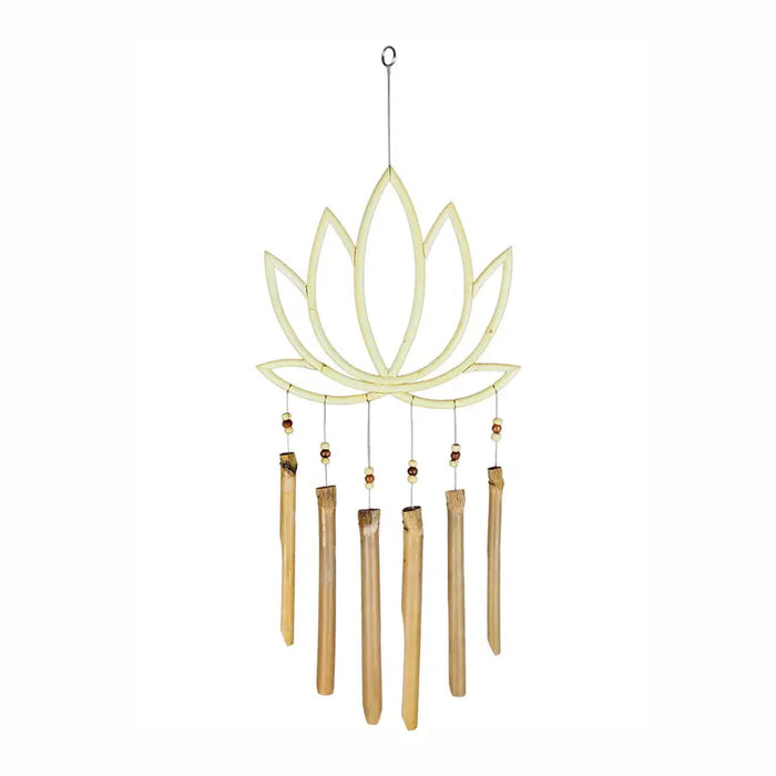 Decorative wind chime with lotus design and bamboo sticks on a white background