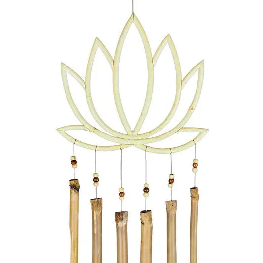 Decorative wind chime with lotus design and bamboo sticks on a white background