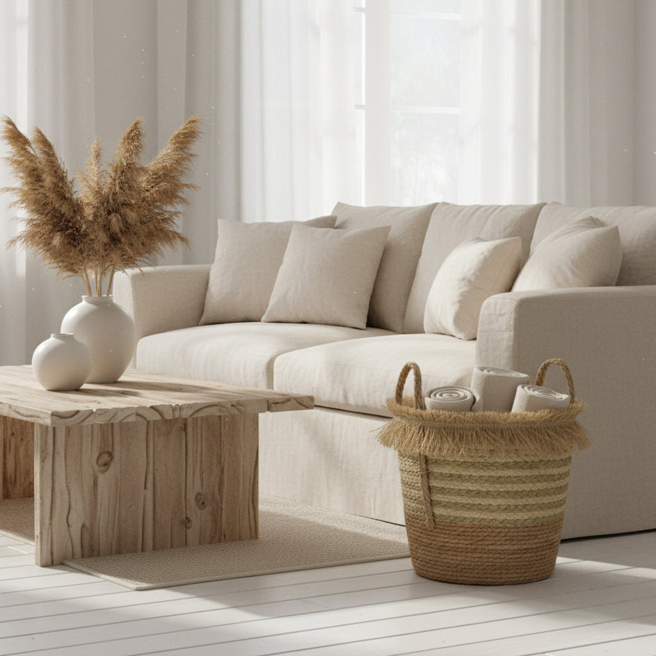 bORA bORA ORGANIC BASKET WITH HANDLES STYLES WITH BLANKETS INSIDE IN A COASTAL BEACH HOUSE