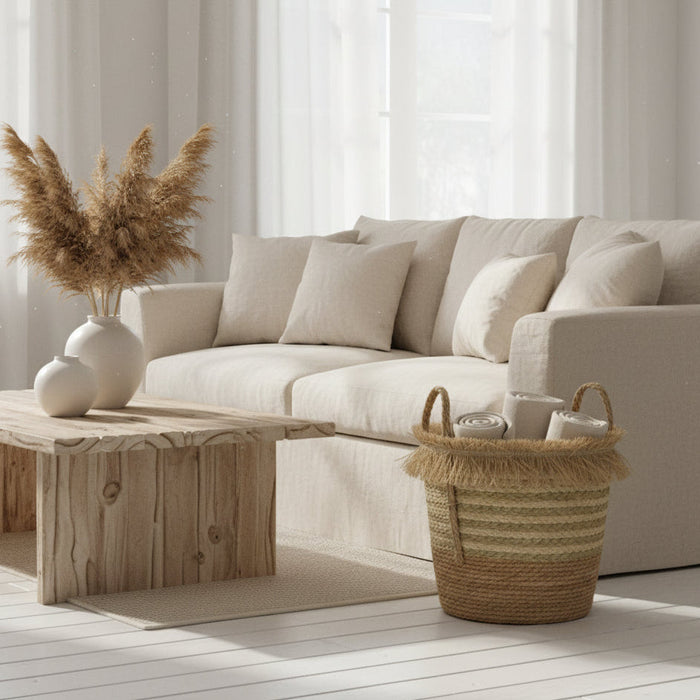 bORA bORA ORGANIC BASKET WITH HANDLES STYLES WITH BLANKETS INSIDE IN A COASTAL BEACH HOUSE