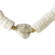 White Puka Shell and Pearl Bracelet.