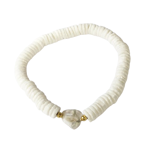 White Puka Shell and Pearl Bracelet.