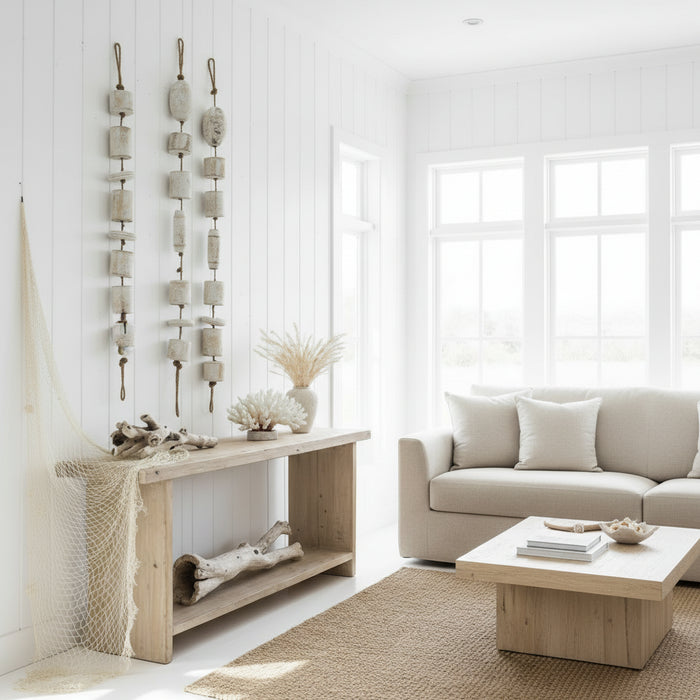 Decorative whitewash wooden buoy for coastal beach house interiors