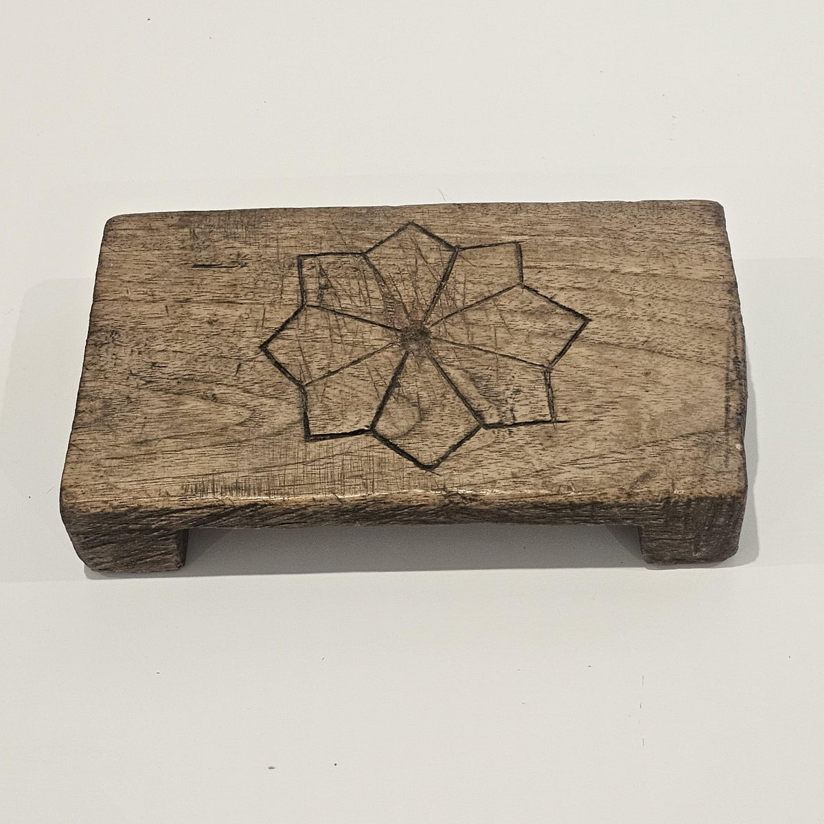 Vintage Indian wooden Bajot table with wabi style for coastal and Boho home decor styling