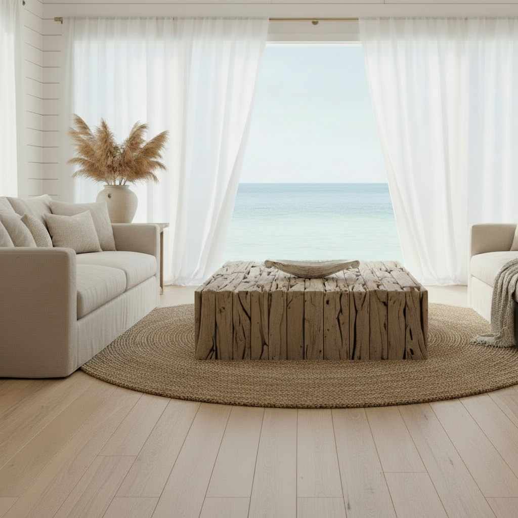 Balinese Wooden long boat bowl sitting on a coffee table in a beach house with coastal decor