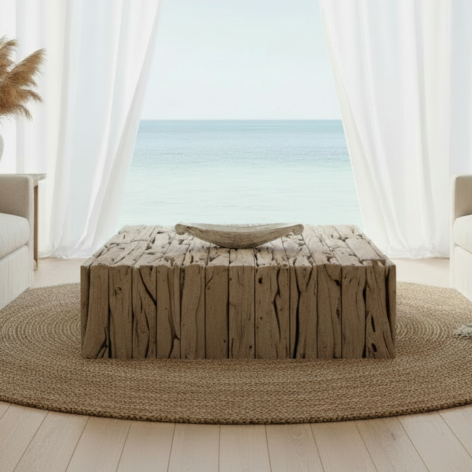 Balinese long boat bowl sitting on a coffee table in a beach house with coastal decor