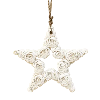 A white handmade balinese shell star-shaped hanging ornament with a natural brown twine loop at the top, on a shiplap wall in a coastal home.