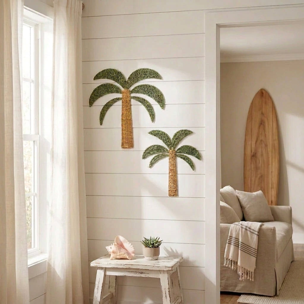Add tropical charm with our Barefoot Palm Woven Wall Décor set of 2. Natural and green palm designs, perfect for coastal, Hamptons and boho interiors.