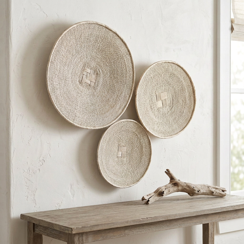 Three round woven natural-fiber Binga wall baskets unique handcrafted coastal beach house decor