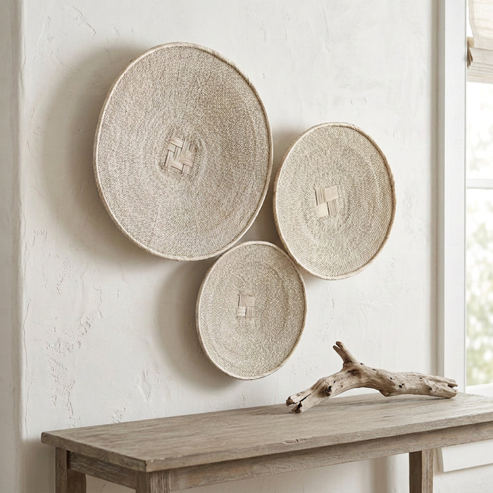 Three round woven natural-fiber Binga wall baskets unique handcrafted coastal beach house decor
