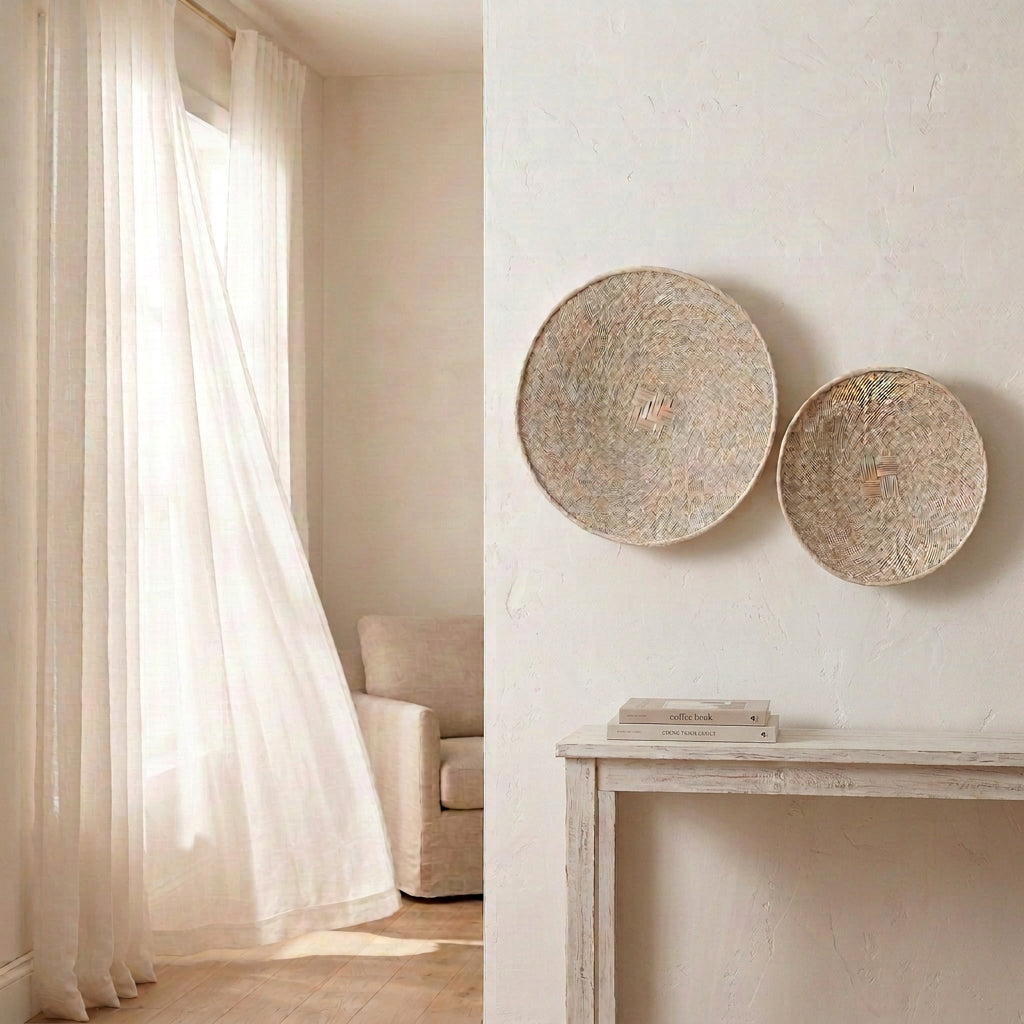 Handwoven binga wall baskets in a coastal boho neutral home
