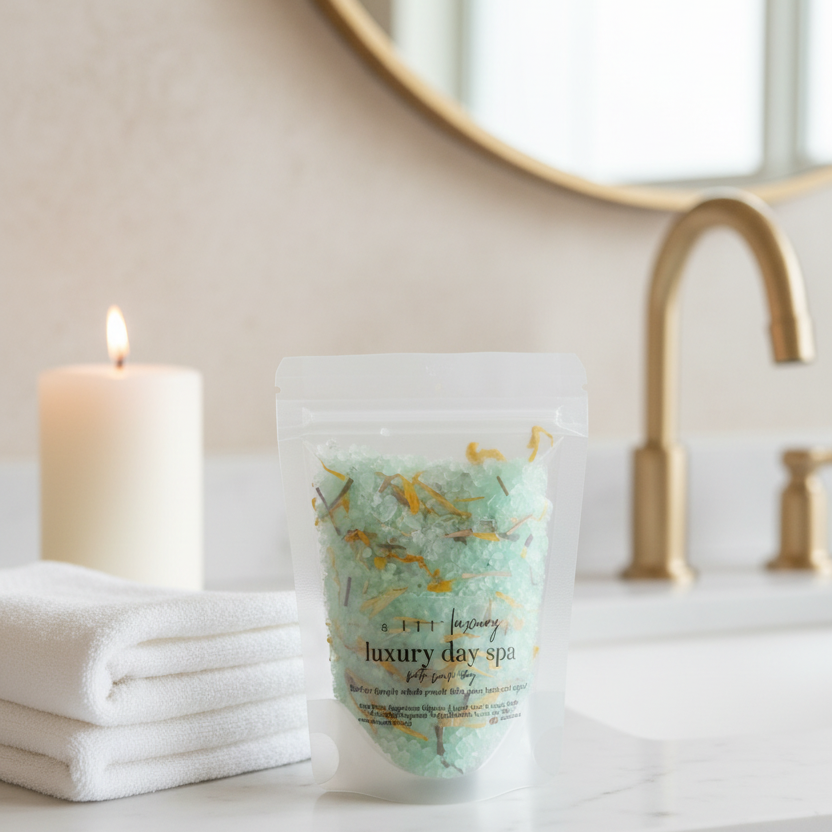 Two clear stand-up pouches of 'A Gift Luxury luxury day spa' bath salts filled with light blue-green crystals and dried yellow flowers, displayed on a textured beige stone block against a soft pink background.