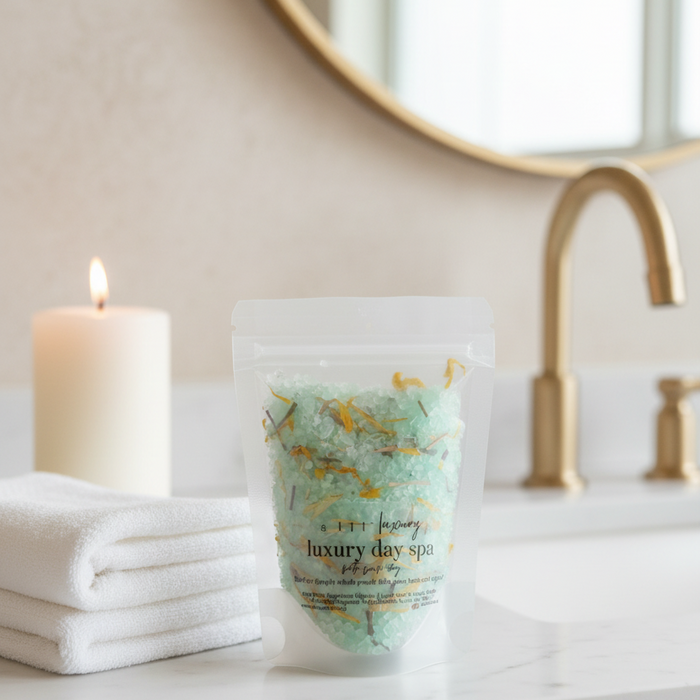Two clear stand-up pouches of 'A Gift Luxury luxury day spa' bath salts filled with light blue-green crystals and dried yellow flowers, displayed on a textured beige stone block against a soft pink background.