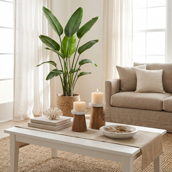 Add coastal charm with the Beachcomber set of 2 acacia wood candle holders, featuring natural timber grain and matte white metal tops.