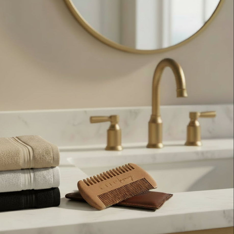 A wooden beard comb with a dark brown leather pouch in a neutral coastal bathroom