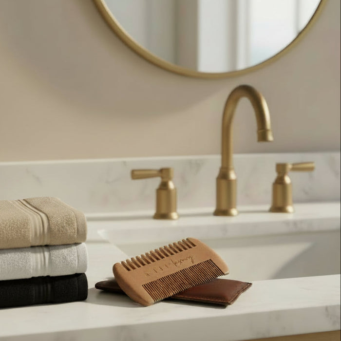 A wooden beard comb with a dark brown leather pouch in a neutral coastal bathroom