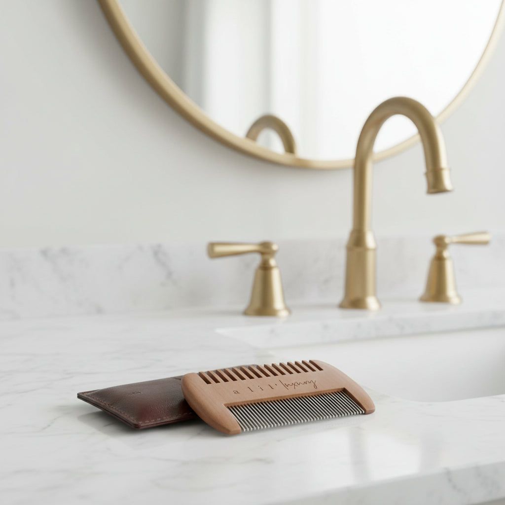 A wooden beard comb with engraved text, displayed diagonally over a dark brown leather case on a light gray surface with a textured stone prop.