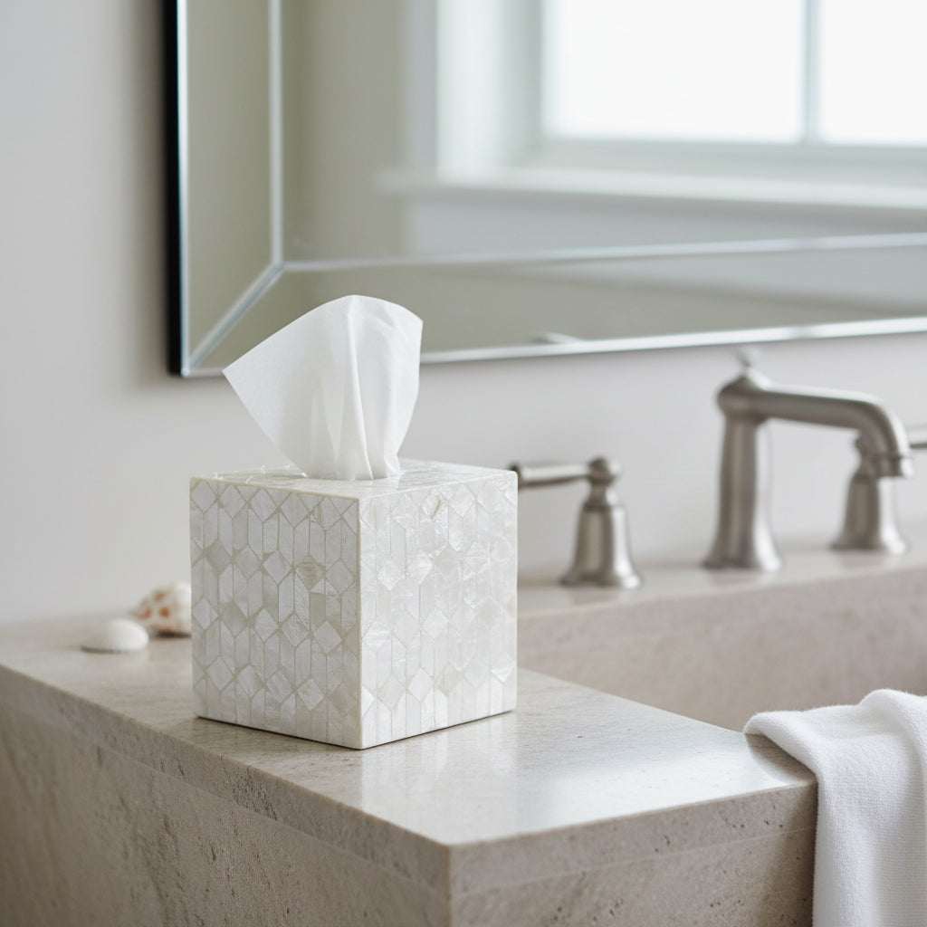 Shell Inlay tissue box cover handcrafted coastal bathroom and home decor